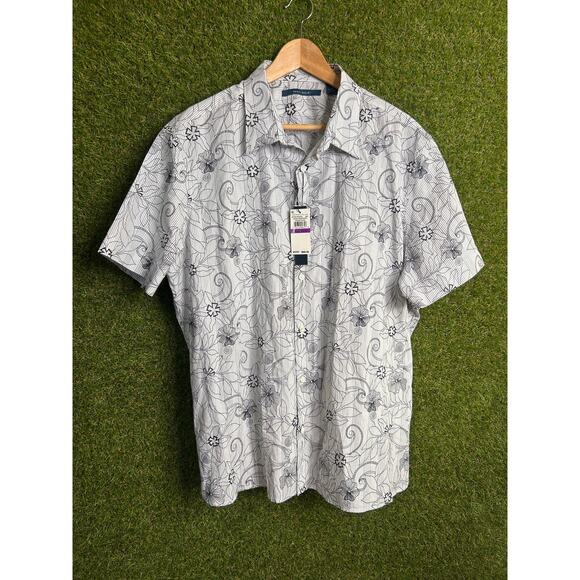 NWT Perry Ellis Cotton Short Sleeve Shirt Floral Sketch Print Modern Fit Sz XXL - Picture 3 of 9